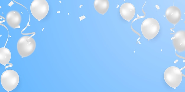 Weiße ballons und farbkonfetti-konzeptdesignhintergrund