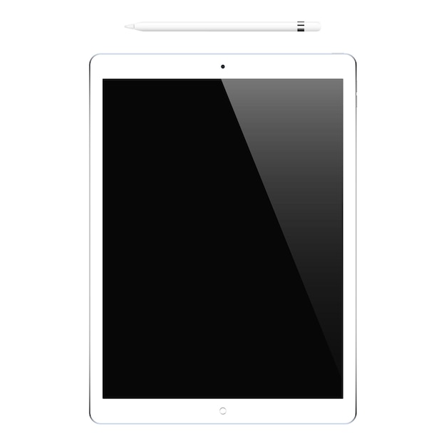Weiße Farbe des Tablets mit schwarzem Touchscreen und Bleistift isoliertes Modell eines realistischen Geräts