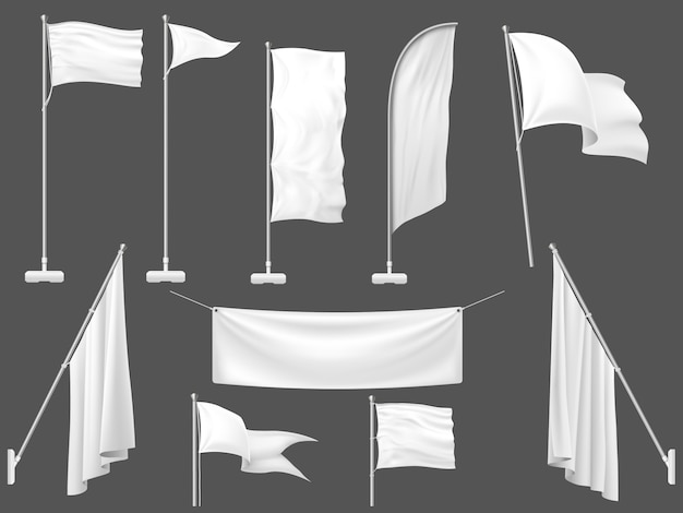 Weiße Flaggen, leeres Leinwandbanner und Stofffahne auf Fahnenmastschablonenillustration