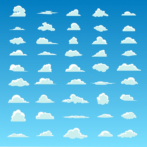 Weiße flaumige wolken auf blauem himmel des frühlinges in der karikaturart für hintergrund