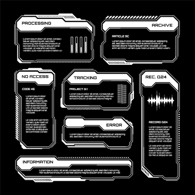 Weiße futuristische hud ui Elemente scifi Benutzeroberfläche Textboxen Callouts Warnmeldungsrahmen