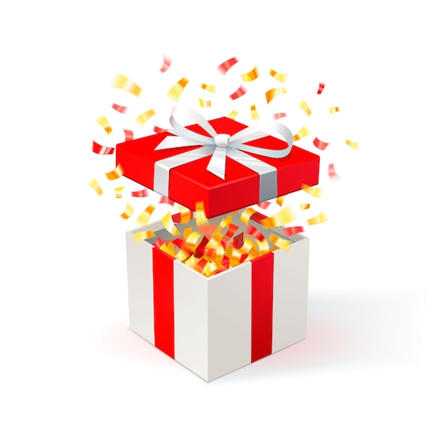 Vektor weiße geschenkbox mit rotem bezug und goldenem konfetti. geschenkbox öffnen. festlicher hintergrund. kostenlose lieferung, schnäppchen, sonderangebot.
