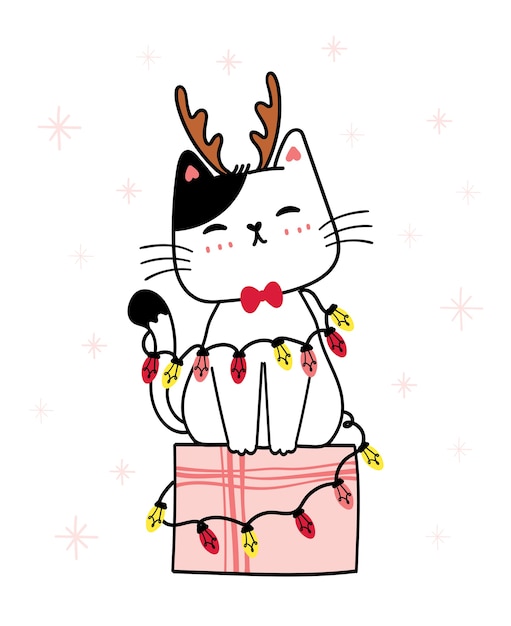 Vektor weiße kätzchenkatze tragen geweih rentier sitzen auf geschenkbox mit girlande blub lichterkette, weihnachtsgruß, niedliche cartoon-illustration, kinderdruck, mit schneeflocke im hintergrund