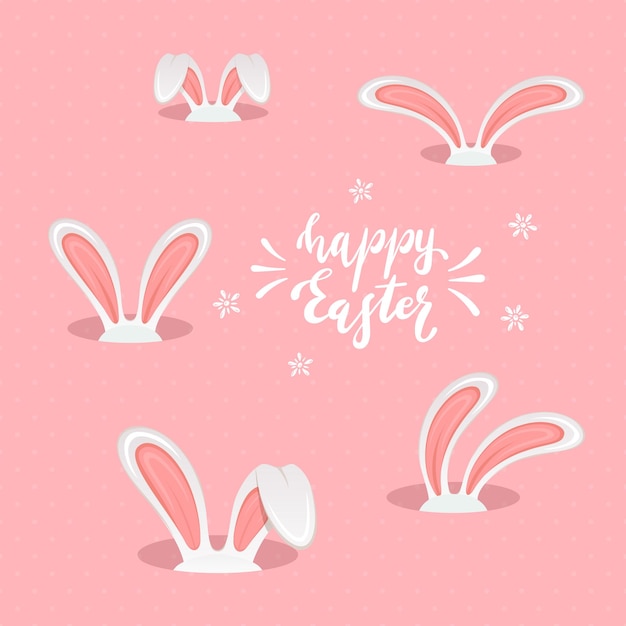Weiße kaninchenköpfe mit ohren im loch und schriftzug frohe ostern auf rosa hintergrund, illustration.