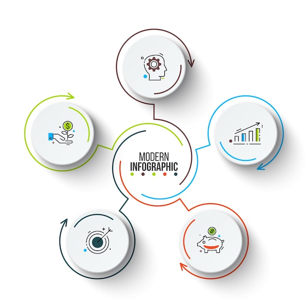 Weiße kreise mit pfeilanschlägen für infografik. vorlage für zyklusdiagramm mit 5 optionen.