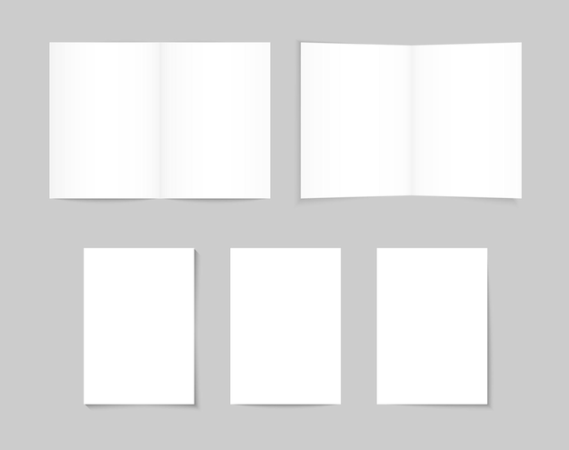 Weiße leere A4 / A5-Broschüre. Weißes Papier, Bannerblätter mit abwechslungsreichem Schatten. Broschürenmodell