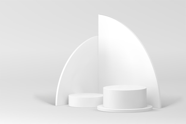 Weiße, minimalistische 3D-Podiumssockel-Attrappe für die Präsentation kosmetischer Produkte, realistische Vektorillustration. Neutrale, moderne Vitrinenzylinderplattform mit abstraktem geometrischem Wandhintergrund