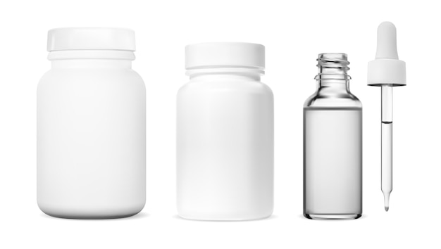 Weiße pillendose. vitaminkapselflaschenset, vektorvorlage. pillenbox-design  ergänzen