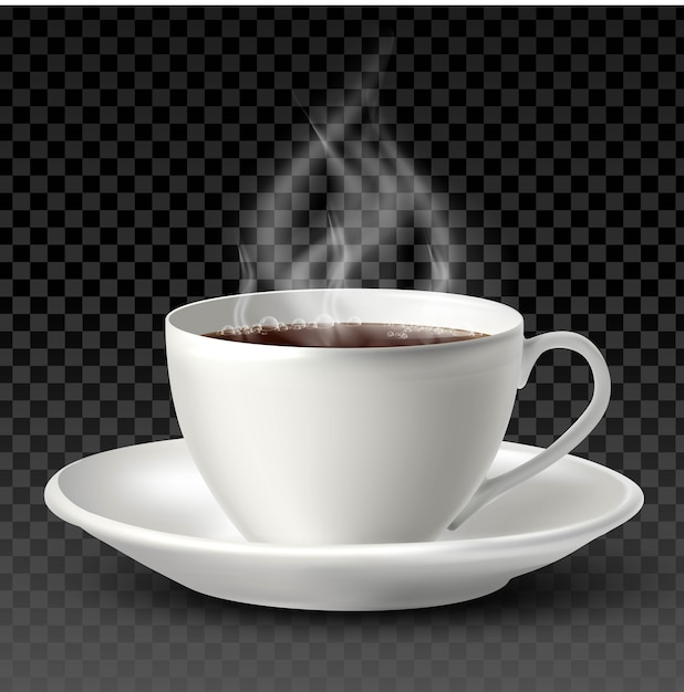 weiße Porzellantasse mit Tee oder Kaffee innen und einem Teller auf weißem Hintergrund.