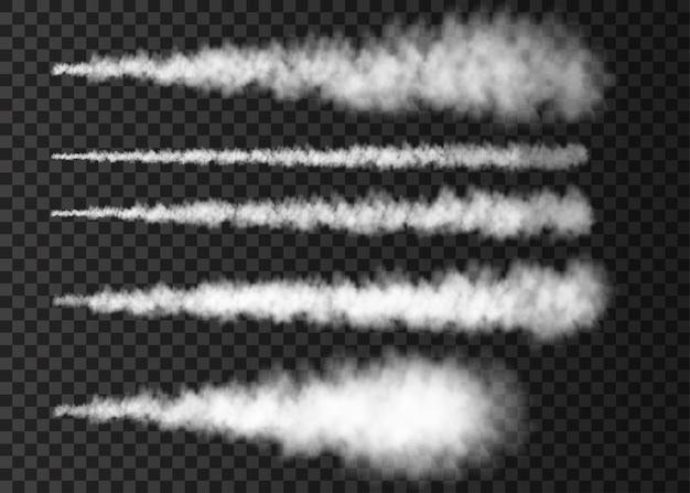 Weiße rauchstruktur flugzeugspur isoliert auf transparentem hintergrund realistische vektorsäule aus nebel oder dunst