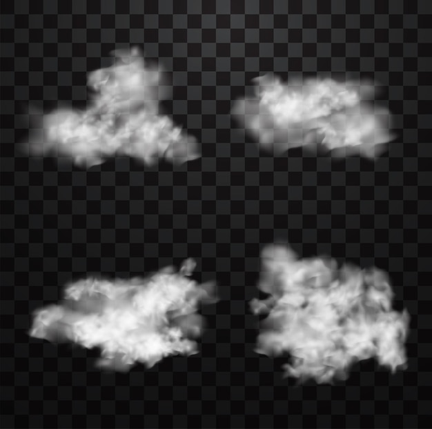 Weiße realistische flauschige Wolken oder Nebel oder Rauch auf durchsichtigem Hintergrund