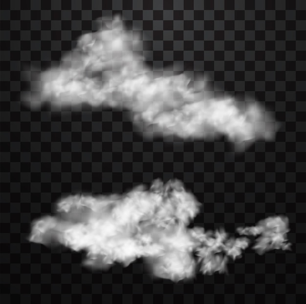 Weiße, realistische, flauschige Wolken oder Nebel oder Rauch auf transparentem Hintergrund