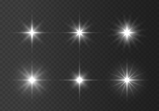 Weiße Sonne funkelt Heller Blitz Beleuchtung Fackel Set leuchtender Lichteffekt Glitzerstern Funken Vektor