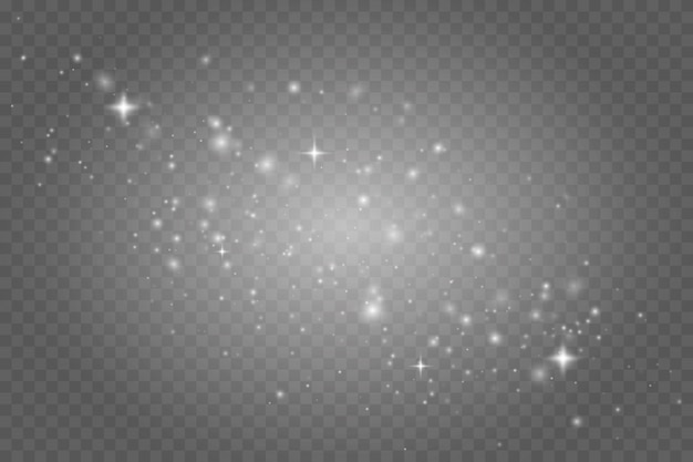 Weiße Staubfunken und Sterne leuchten mit besonderem Licht. Weihnachtslichteffekt. Funkelnde magische Staubpartikel.