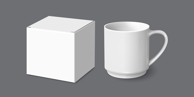 Weiße tasse und geschenkbox mockup vector template