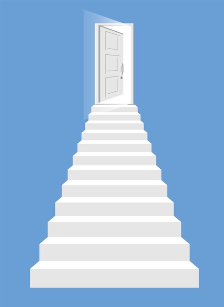 Weiße Treppe und offene Tür isoliert Stufen hinauf zum leuchtenden Eingang Konzept der Erfolgstreppe zum Himmel Symbol der Motivationsentwicklung Flache Vektordarstellung