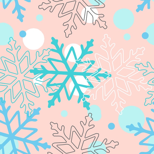 Weiße und blaue schneeflocken auf einem rosa hintergrund. vektor nahtlose muster für festliches design, weihnachtstapete, banner, verpackung, wrapper