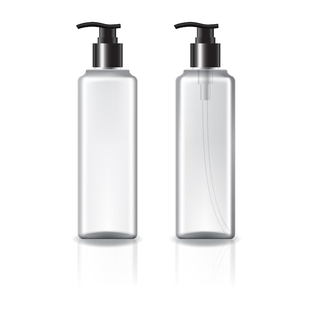 Weiße und klare quadratische kosmetikflasche mit schwarzem pumpenkopf.