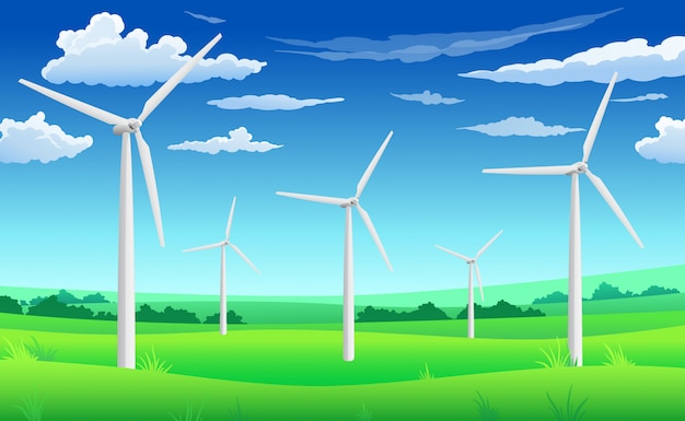 Weiße Windgeneratormühlen, Windkraftanlage auf der grünen Wiese, Windenergie-Öko-Konzept