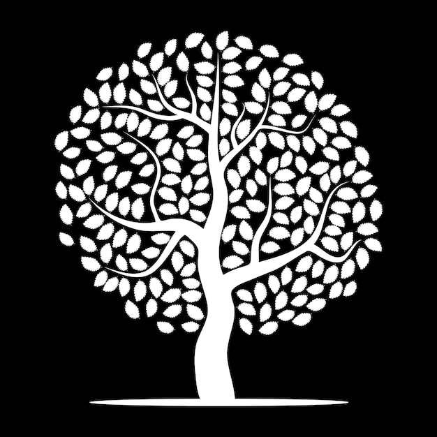Weißer Baum mit Blättern auf schwarzem Hintergrund. Vektor-Illustration