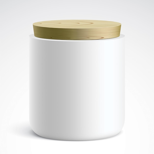 Weißer behälter mit holzdeckel. vektorgrafik des runden keramikkanisters für tee, kaffee, zucker, mehl oder andere mitarbeiter, die auf einem hellen hintergrund mit farbverlauf stehen.