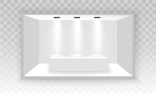 Weißer leerer 3D-Werbeausstellungsstand. Szenenschau Podium für Präsentationen. Weißer leerer Innenausstellungsstand zur Präsentation mit Scheinwerfer auf dem grauen Hintergrund. Abbildung, EPS
