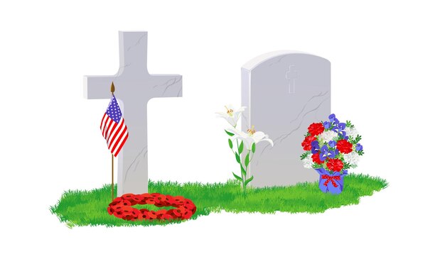Weißer Marmor Grabstein amerikanische Flagge und Blumen