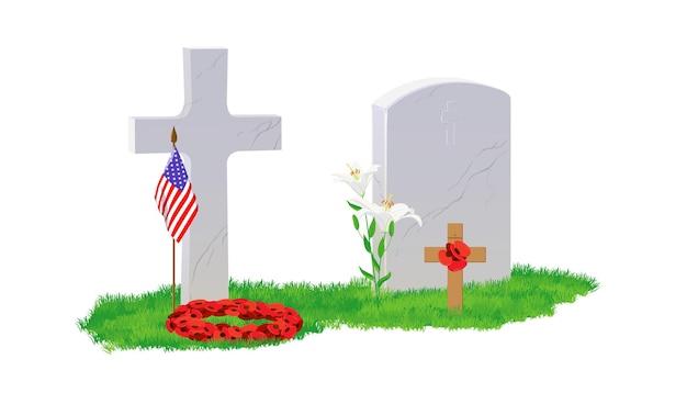 Weißer Marmor Grabstein und Kreuz auf grünem Gras ein Bouquet von roten Mohn und eine amerikanische Flagge Das Grab ist mit einem Blumenkranz geschmückt Gedenkdatum Großbritanniens Kanada und der USA