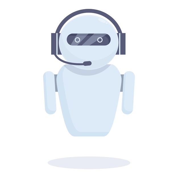 Weißer moderner Roboter mit Headset arbeitet als Kundendienstleister