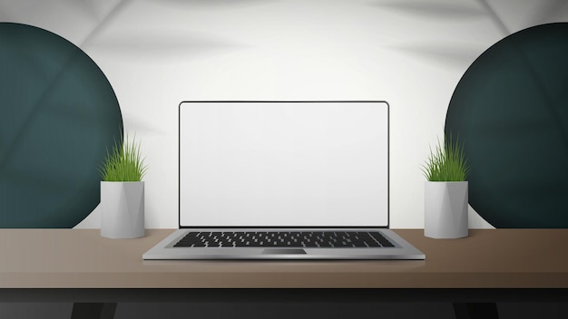 Weißer Raum mit Holztisch und Laptop Laptop mit weißem Bildschirm Schatten aus den Blättern Realistischer Stil der Vektorillustration