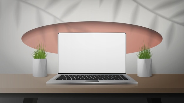 Weißer Raum mit Holztisch und Laptop Laptop mit weißem Bildschirm Schatten aus den Blättern Realistischer Stil der Vektorillustration