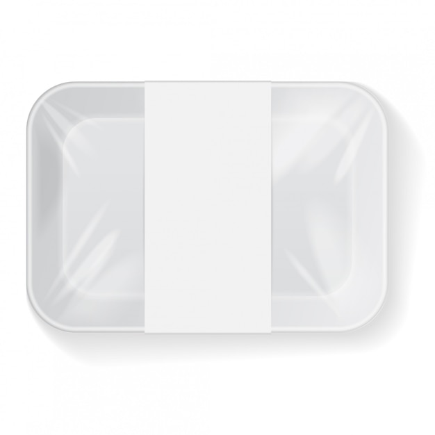 Weißer rechteckiger leerer styropor-kunststoff-lebensmittelbehälterbehälter mit etikett.