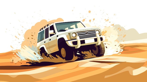 Weißer SUV, der in der Wüste rast, 4x4-Sport-Offroad-Abenteuer, horizontale Banner-Vektorillustration