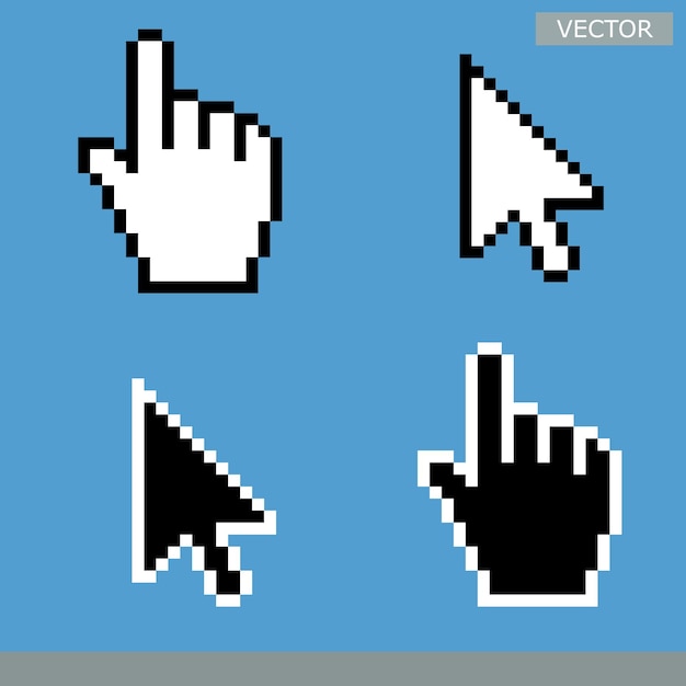 Weißer und schwarzer Pfeil und Zeiger-Hand-Cursor-Symbolsatz Pixel und moderne Version von Cursor-Zeichen