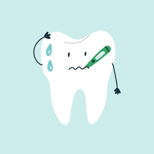 Weißer Zahn des netten traurigen Charakters mit einem Temperaturthermometer und Schweißtropfen