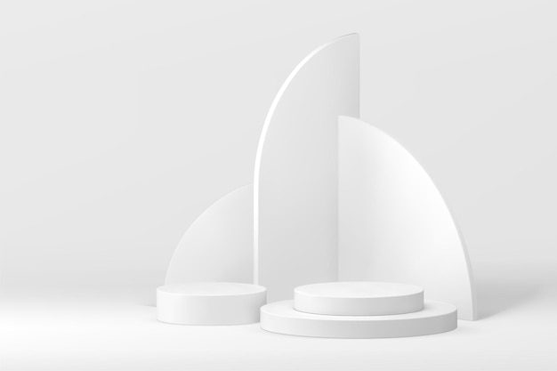 Weißes 3D-Podium, kommerzieller Sockel für die Produktpräsentation, realistische Vektordarstellung, neutrale Werbevitrine, minimalistischer, moderner Plattform-Kreisständer mit geometrischem Wandhintergrund