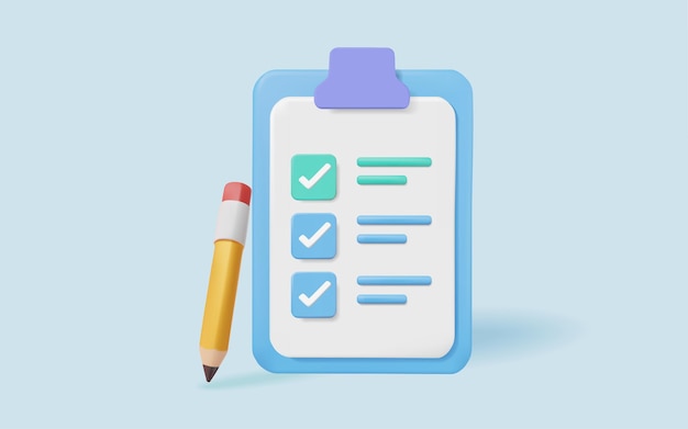 Weißes Ausschlagbrett mit Checkliste und Bleistiftzeichnung Ticks Prüfung von Auswahlzeichen auf himmelblauem Hintergrund Planung und Organisation der Arbeit Notizbogen Projektplan Prüfungspunkte 3D-Vektorillustration