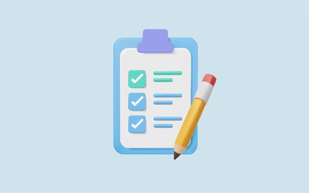Weißes Ausschlagbrett mit Checkliste und Bleistiftzeichnung Ticks Prüfung von Auswahlzeichen auf himmelblauem Hintergrund Planung und Organisation der Arbeit Notizbogen Projektplan Prüfungspunkte 3D-Vektorillustration