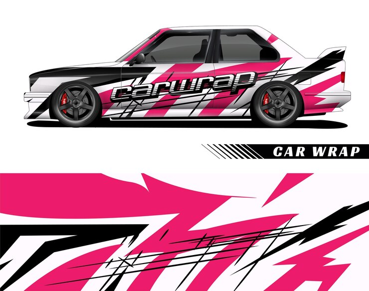 Vektor weißes auto, schwarze und rosa streifen, rote bremsstifte, design der autowrappe