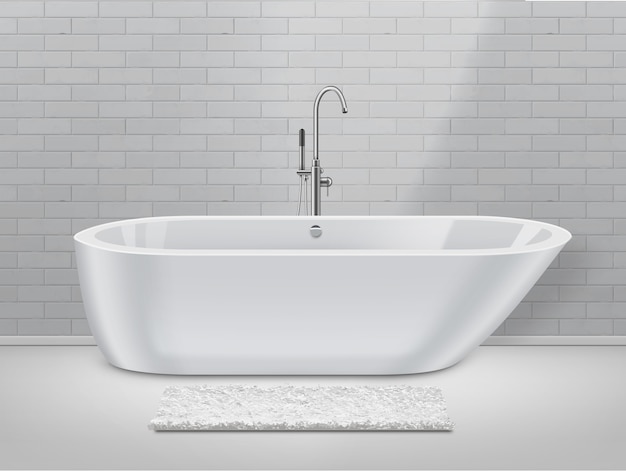 weißes Badezimmer im modernen Stil mit Teppich auf Boden und Badewanne auf Backsteinmauerhintergrund.