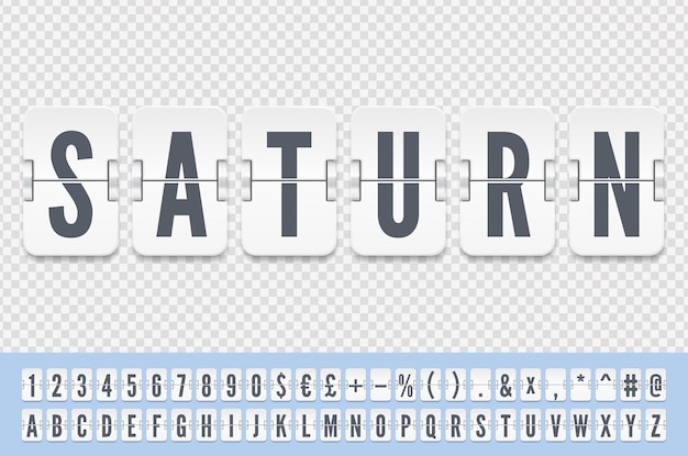 Weißes flip-countdown-alphabet isoliert auf transparentem hintergrund vintage-flip-uhrzeitzähler-vektorvorlage anzeigetafel-nummernschriftart vektor-illustrationsvorlage