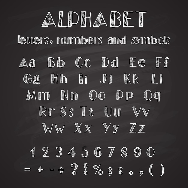 Weißes handgezeichnetes alphabet auf schwarzem hintergrund, alle buchstaben, zahlen und symbole verfügbar