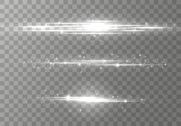 Weißes horizontales linseneffektpaket, laserstrahlen, lichtreflexion. lichtstrahlen leuchtlinie helle blendung leuchtende streifen. leuchtende abstrakte funkelnde linien.