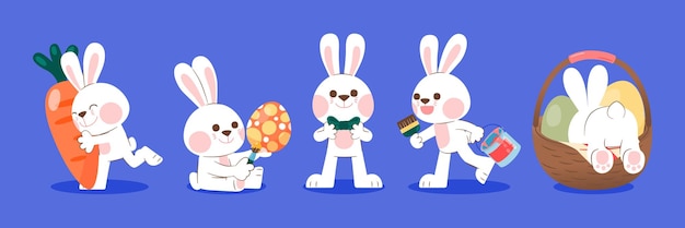 Weißes kaninchen, mit, karotte, osterei, schleife, pinsel, farbeimer, und, korb, vektor, illustration