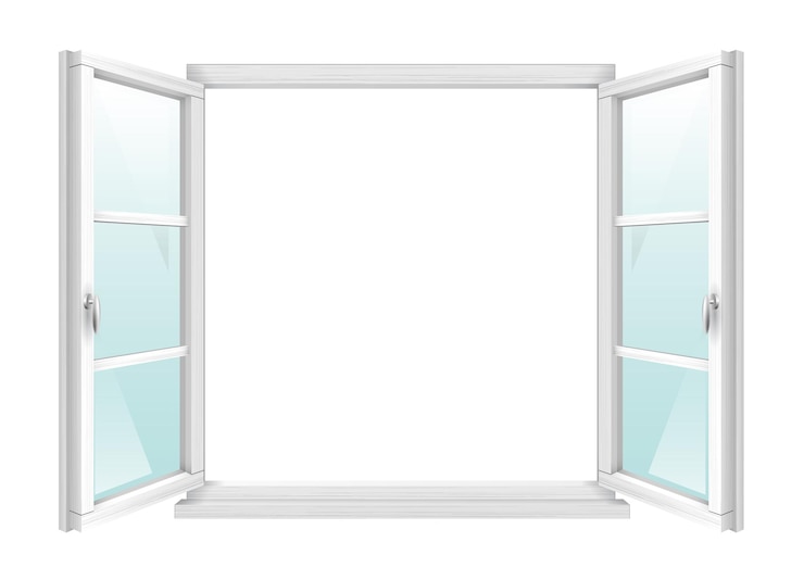 Vektor weißes klassisches offenes holzfenster mit transparentem glas. vektorgrafiken