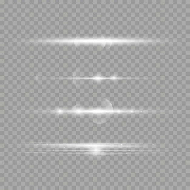 Weißes leuchtendes Licht explodiert auf einem transparenten Hintergrund. Laserstrahlen, horizontale Lichtstrahlen. Sonnenstrahlen. Schöne Lichtfackeln.