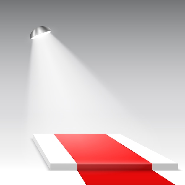 Weißes Podium mit rotem Teppich und Scheinwerfer. Sockel. Szene. Illustration.