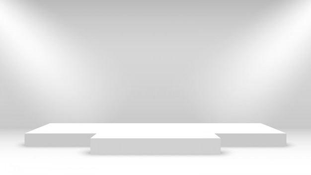 Weißes Podium mit Scheinwerfern. Bühne für die Preisverleihung. Sockel.
