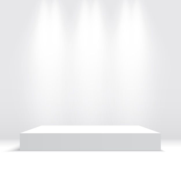 Weißes Podium mit Scheinwerfern. Sockel. Plattform. Illustration.