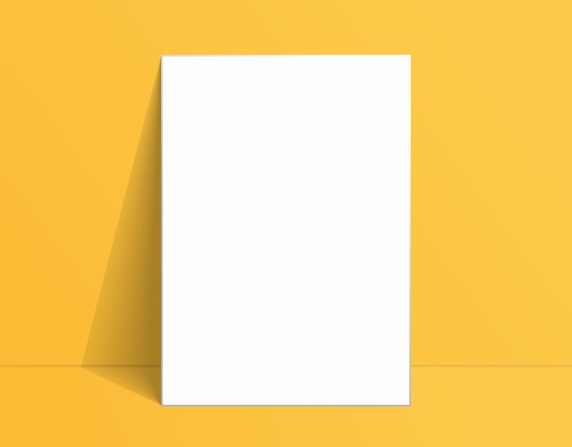 Vektor weißes postermodell, das auf dem boden in der nähe der gelben wand steht. blank canvas mockup für design